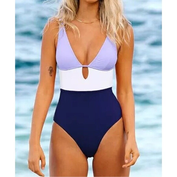 Cupshe Women's Swimsuit Size Small One Piece V Neck Keyhole Cutout Color Block‎ - Picture 1 of 8